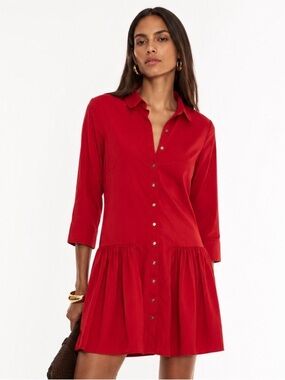 THE SHIRT ROCHELLE BEHRENS Cotton Drop Waist Red Button-Front Shirt Dress XS